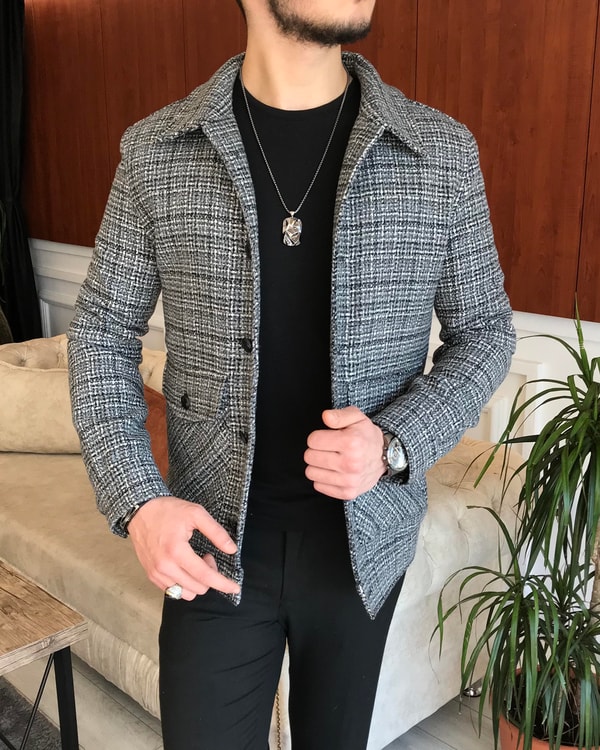 İtalyan stil slim fit erkek yün mont ceket Gri T6840 · 2