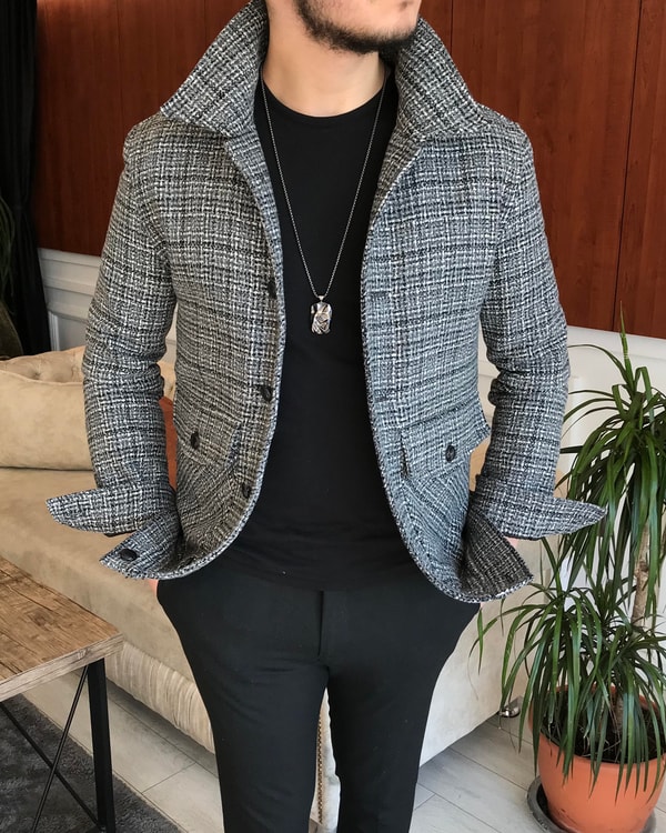 İtalyan stil slim fit erkek yün mont ceket Gri T6840 · 4