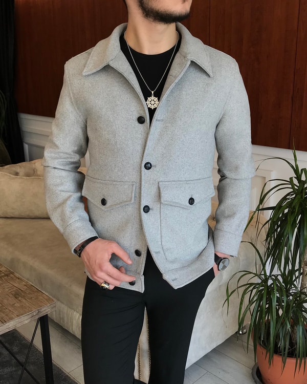 İtalyan stil slim fit erkek yün mont ceket gri T6750