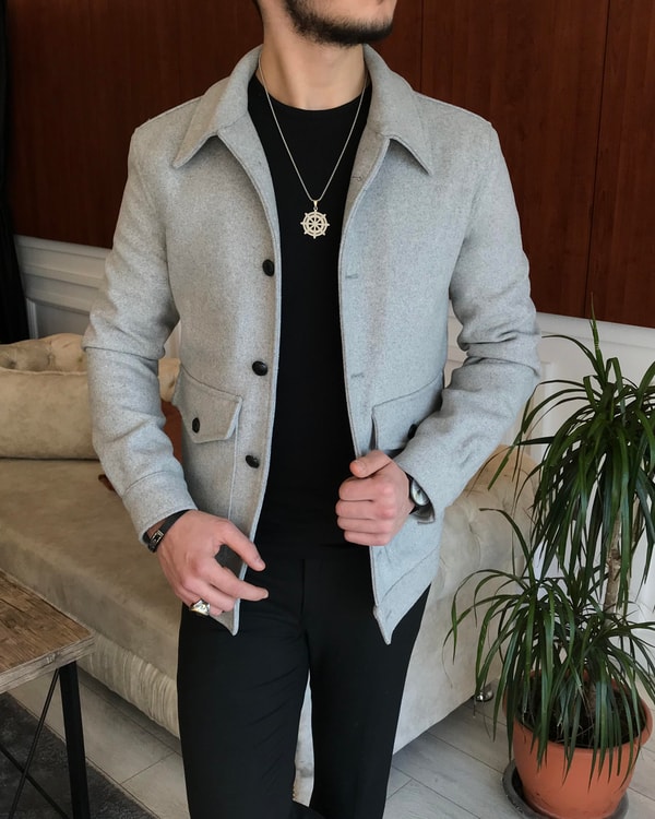 İtalyan stil slim fit erkek yün mont ceket gri T6750 · 2