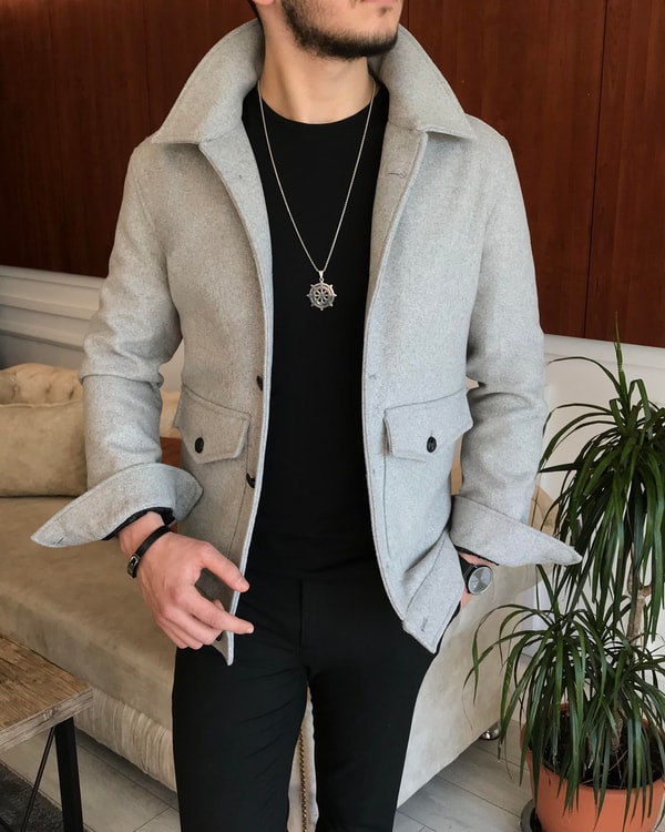 İtalyan stil slim fit erkek yün mont ceket gri T6750 · 4