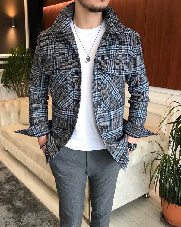 İtalyan stil slim fit erkek yün mont ceket Çok Renkli T6745 · 6