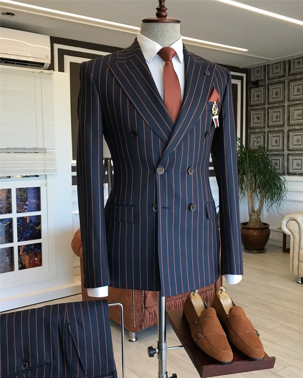 İtalyan stil slim fit kruvaze ceket pantolon takım elbise lacivert T6074 · 5
