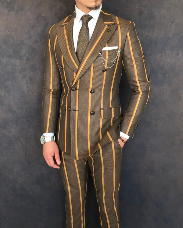 İtalyan stil slim fit kruvaze ceket pantolon takım elbise kahverengi T6071 · 7