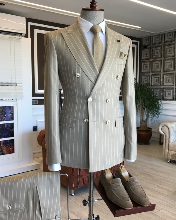 İtalyan stil slim fit kruvaze ceket pantolon takım elbise camel T6077 · 7