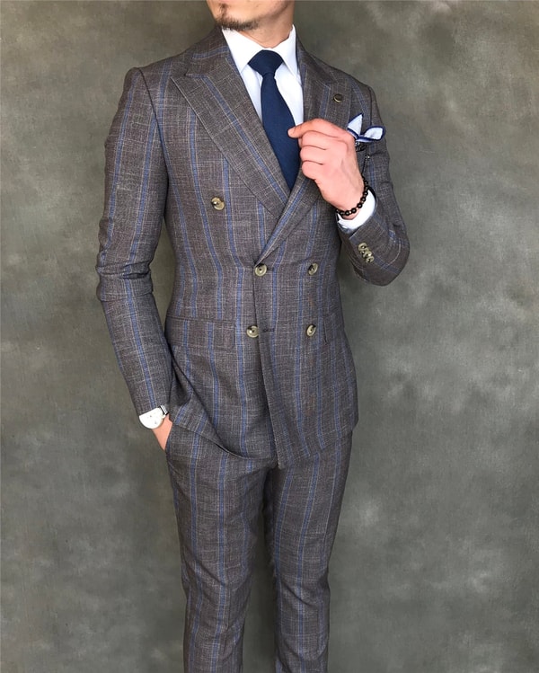 İtalyan stil slim fit kruvaze ceket pantolon takım elbise kahverengi T6080 · 5