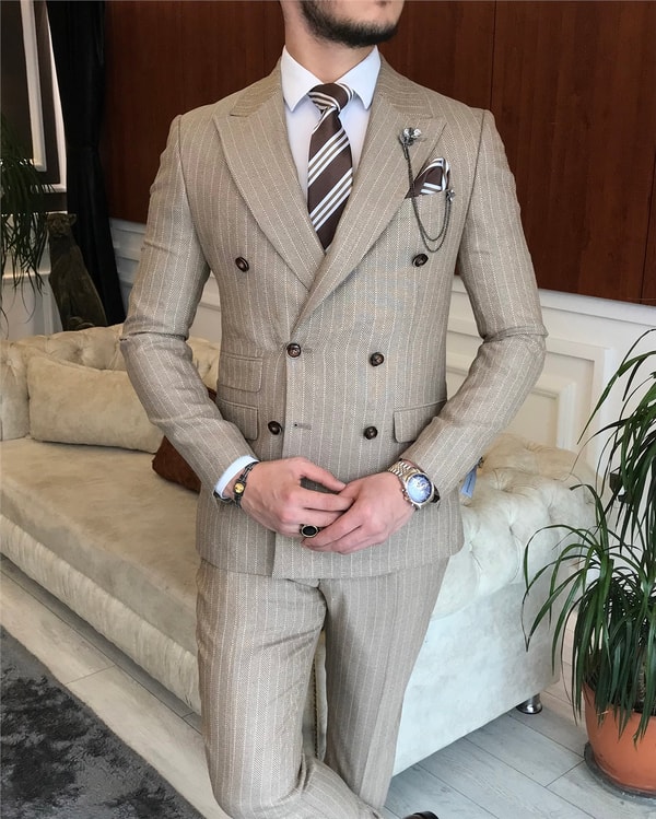 İtalyan stil slim fit kruvaze ceket pantolon takım elbise camel T6488 · 8