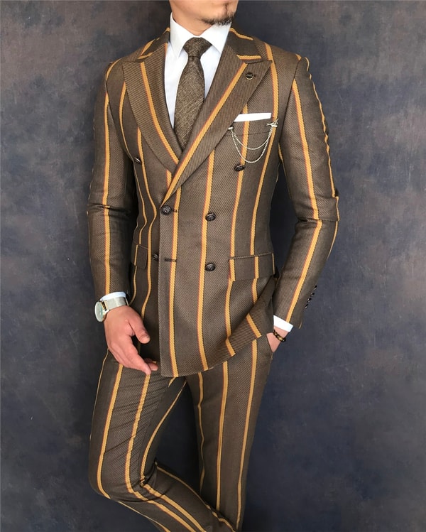 İtalyan stil slim fit kruvaze ceket pantolon takım elbise kahverengi T6071 · 9