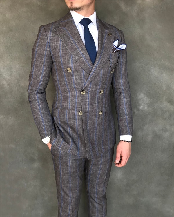 İtalyan stil slim fit kruvaze ceket pantolon takım elbise kahverengi T6080 · 4