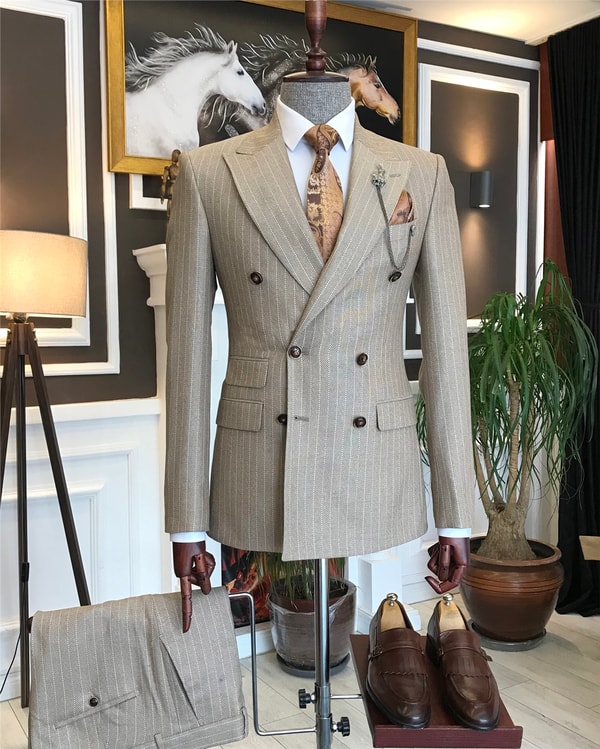 İtalyan stil slim fit kruvaze ceket pantolon takım elbise camel T6488 · 2