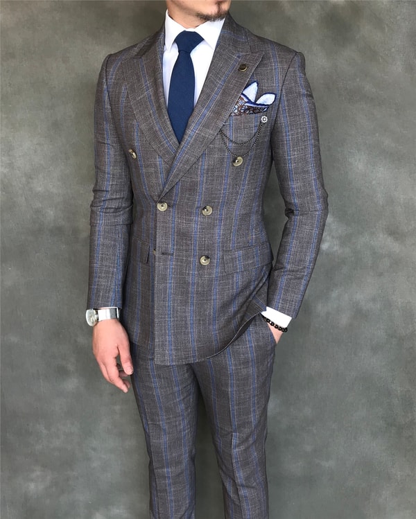 İtalyan stil slim fit kruvaze ceket pantolon takım elbise kahverengi T6080 · 3