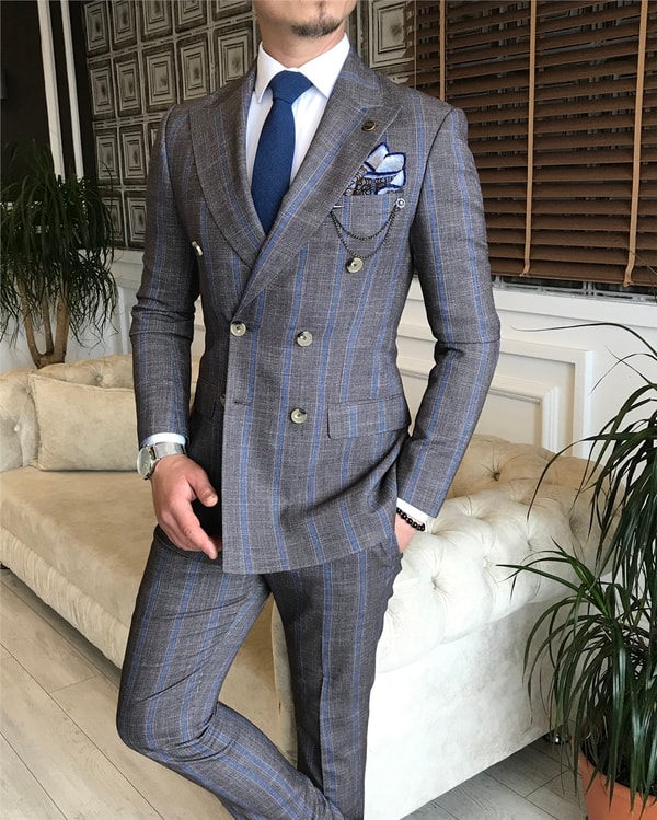 İtalyan stil slim fit kruvaze ceket pantolon takım elbise kahverengi T6080 · 2
