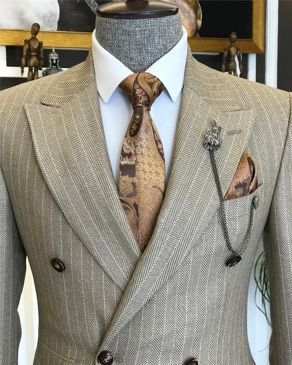 İtalyan stil slim fit kruvaze ceket pantolon takım elbise camel T6488 · 4