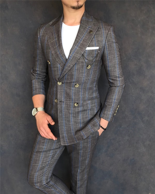 İtalyan stil slim fit kruvaze ceket pantolon takım elbise kahverengi T6080 · 10