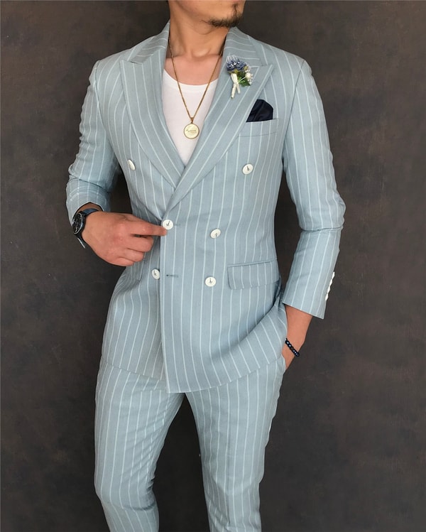 İtalyan stil slim fit kruvaze ceket pantolon takım elbise buz mavisi T6079 · 4