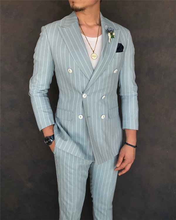 İtalyan stil slim fit kruvaze ceket pantolon takım elbise buz mavisi T6079 · 6