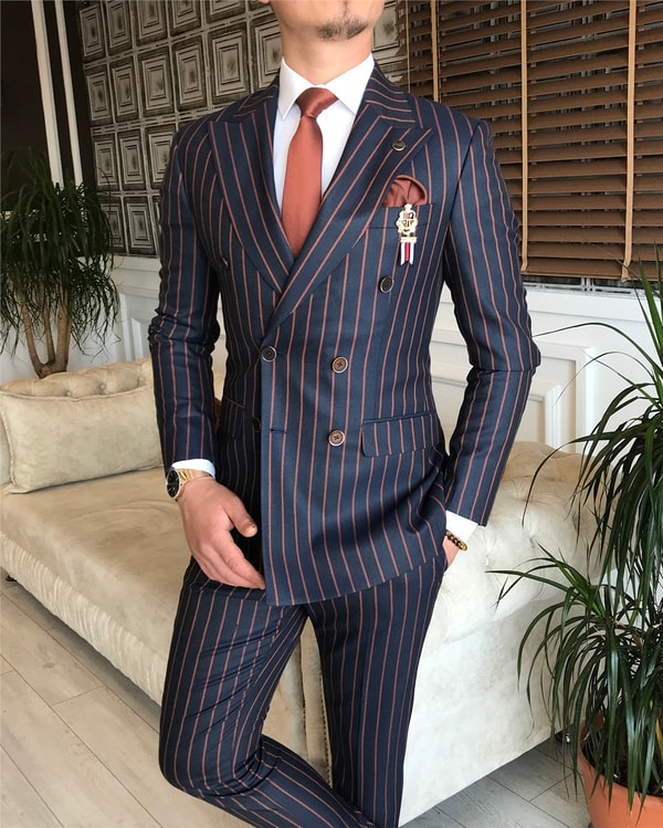İtalyan stil slim fit kruvaze ceket pantolon takım elbise lacivert T6074 · 2