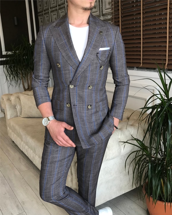 İtalyan stil slim fit kruvaze ceket pantolon takım elbise kahverengi T6080 · 7