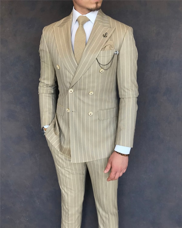 İtalyan stil slim fit kruvaze ceket pantolon takım elbise camel T6077 · 6