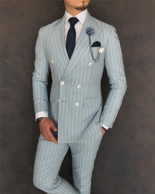 İtalyan stil slim fit kruvaze ceket pantolon takım elbise buz mavisi T6079 · 10