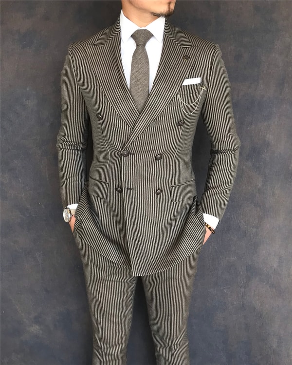 İtalyan stil slim fit kruvaze ceket pantolon takım elbise kahverengi T6085 · 5