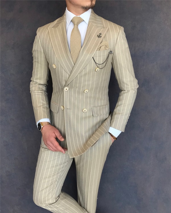 İtalyan stil slim fit kruvaze ceket pantolon takım elbise camel T6077 · 3