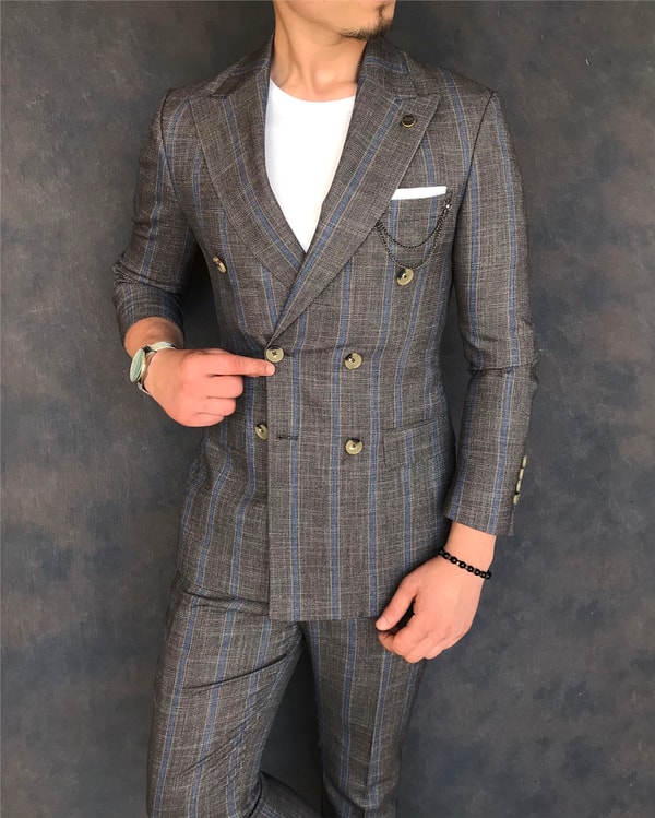 İtalyan stil slim fit kruvaze ceket pantolon takım elbise kahverengi T6080 · 11