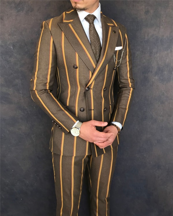 İtalyan stil slim fit kruvaze ceket pantolon takım elbise kahverengi T6071 · 10