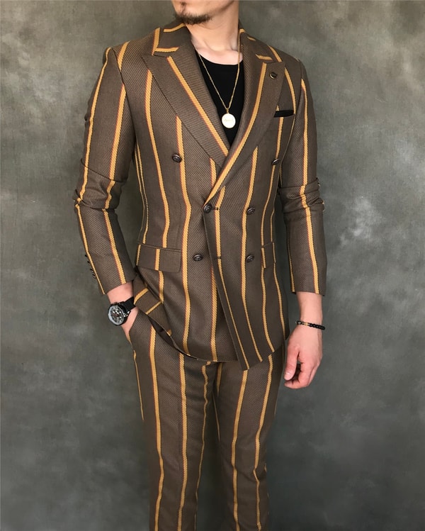 İtalyan stil slim fit kruvaze ceket pantolon takım elbise kahverengi T6071 · 2