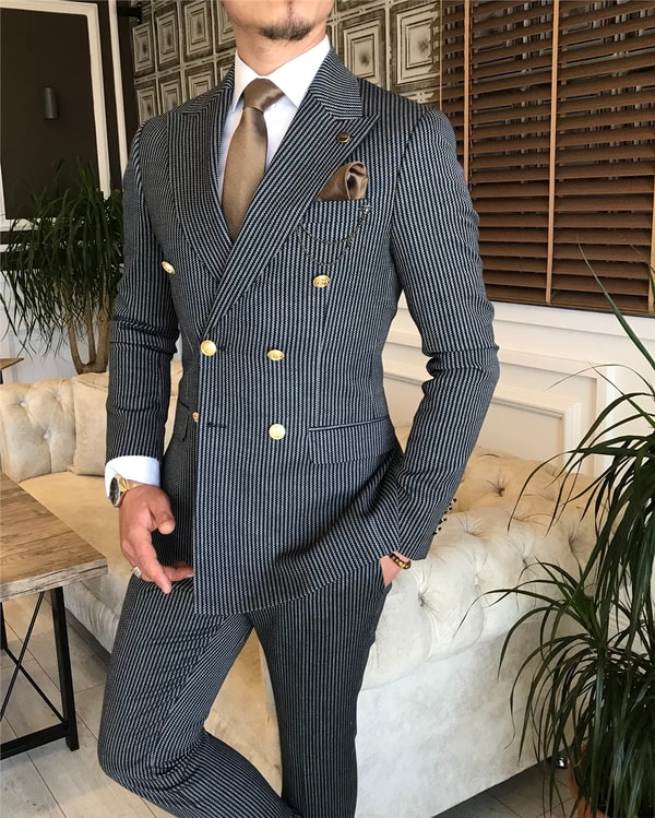 İtalyan stil slim fit kruvaze ceket pantolon takım elbise lacivert T6083 · 2