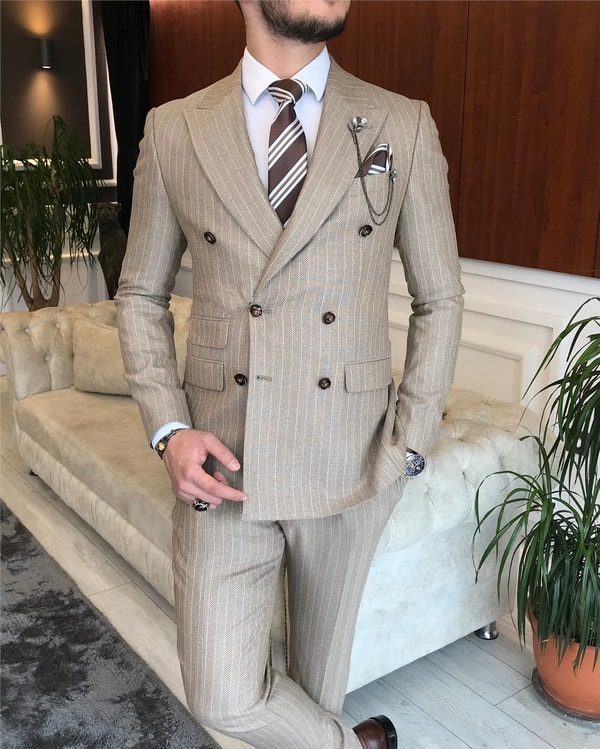 İtalyan stil slim fit kruvaze ceket pantolon takım elbise camel T6488 · 6