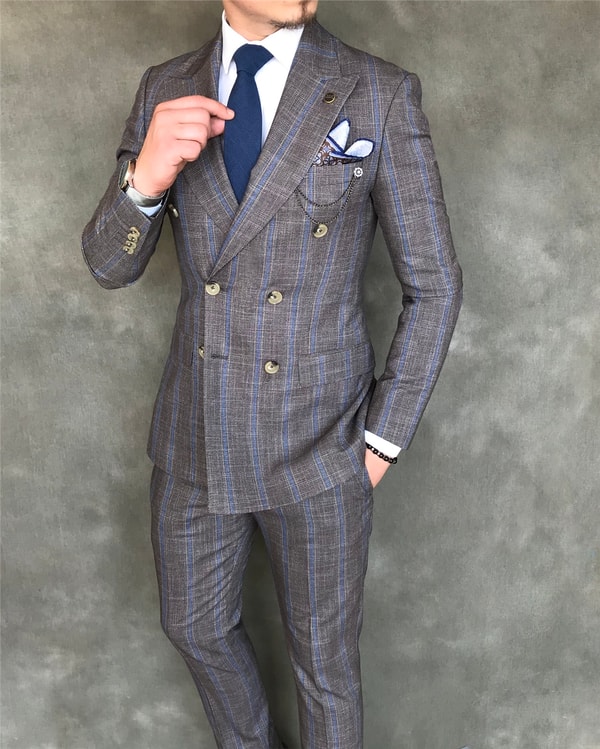 İtalyan stil slim fit kruvaze ceket pantolon takım elbise kahverengi T6080 · 6