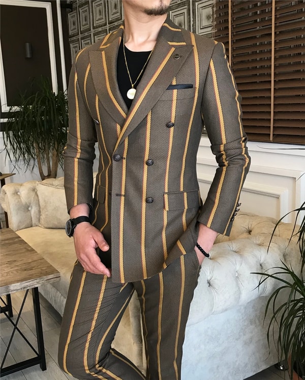 İtalyan stil slim fit kruvaze ceket pantolon takım elbise kahverengi T6071 · 3