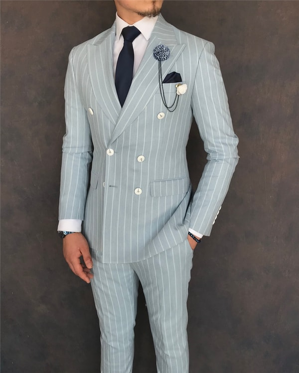 İtalyan stil slim fit kruvaze ceket pantolon takım elbise buz mavisi T6079 · 9
