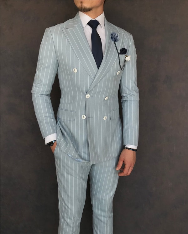 İtalyan stil slim fit kruvaze ceket pantolon takım elbise buz mavisi T6079 · 11