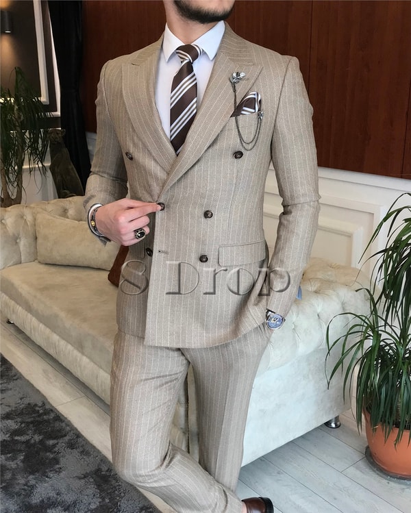 İtalyan stil slim fit kruvaze ceket pantolon takım elbise camel T6488