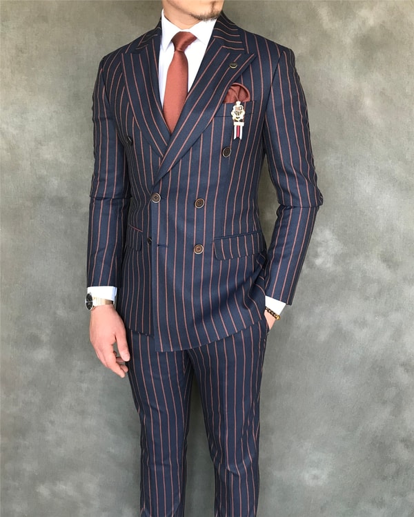 İtalyan stil slim fit kruvaze ceket pantolon takım elbise lacivert T6074 · 3