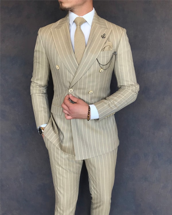 İtalyan stil slim fit kruvaze ceket pantolon takım elbise camel T6077 · 5