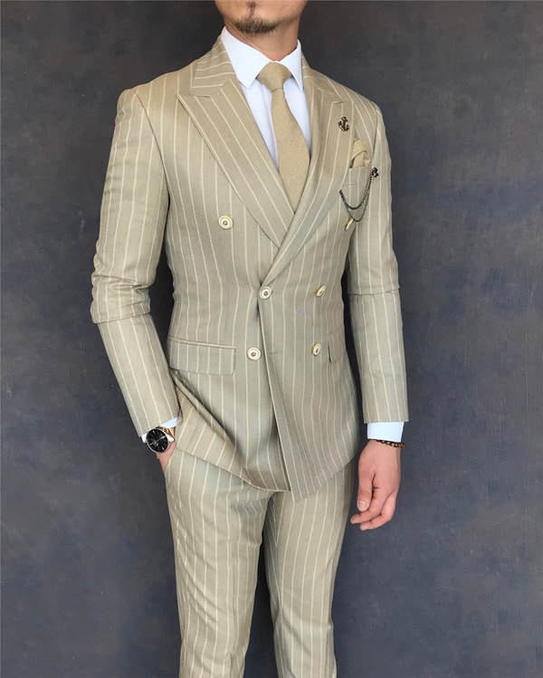 İtalyan stil slim fit kruvaze ceket pantolon takım elbise camel T6077 · 4