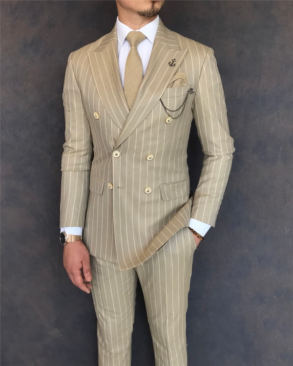 İtalyan stil slim fit kruvaze ceket pantolon takım elbise camel T6077 · 2