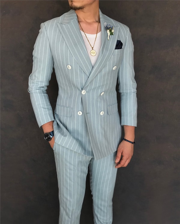 İtalyan stil slim fit kruvaze ceket pantolon takım elbise buz mavisi T6079 · 7
