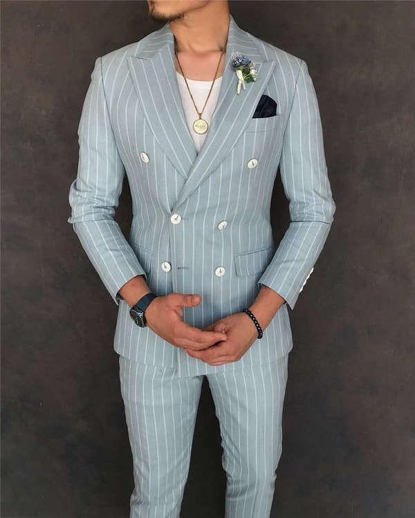 İtalyan stil slim fit kruvaze ceket pantolon takım elbise buz mavisi T6079 · 5