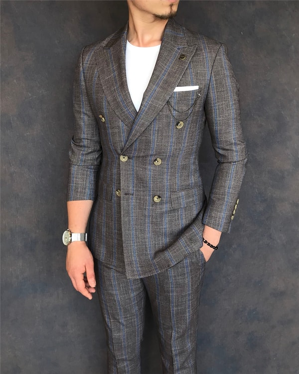 İtalyan stil slim fit kruvaze ceket pantolon takım elbise kahverengi T6080 · 9