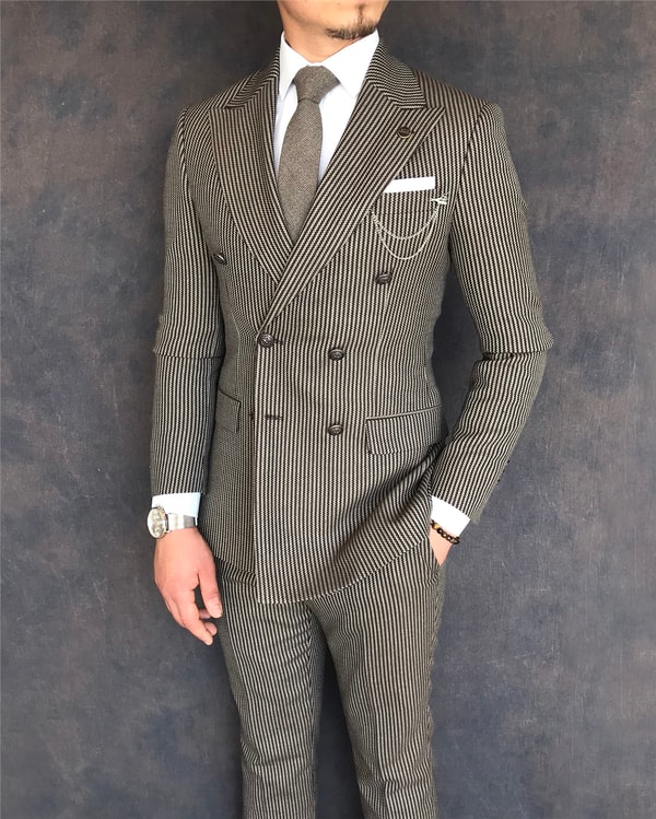 İtalyan stil slim fit kruvaze ceket pantolon takım elbise kahverengi T6085 · 2