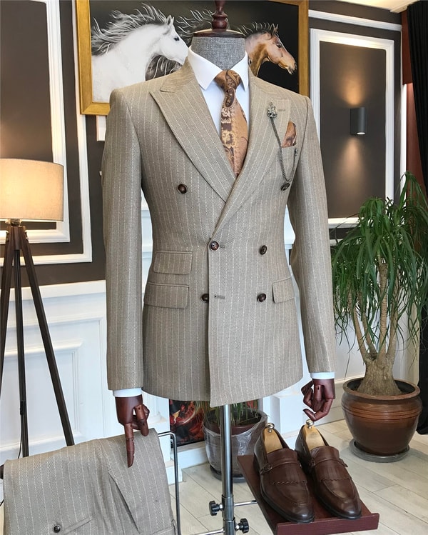 İtalyan stil slim fit kruvaze ceket pantolon takım elbise camel T6488 · 3