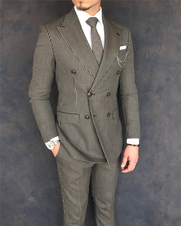İtalyan stil slim fit kruvaze ceket pantolon takım elbise kahverengi T6085 · 6