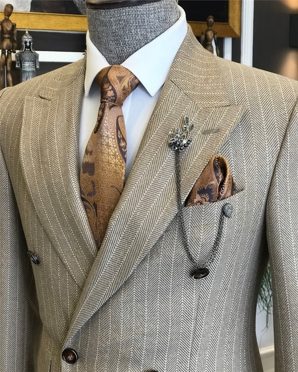 İtalyan stil slim fit kruvaze ceket pantolon takım elbise camel T6488 · 5