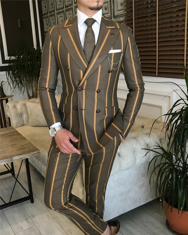 İtalyan stil slim fit kruvaze ceket pantolon takım elbise kahverengi T6071 · 4