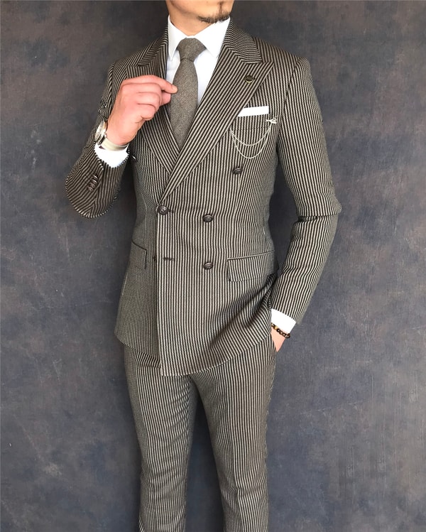 İtalyan stil slim fit kruvaze ceket pantolon takım elbise kahverengi T6085 · 3