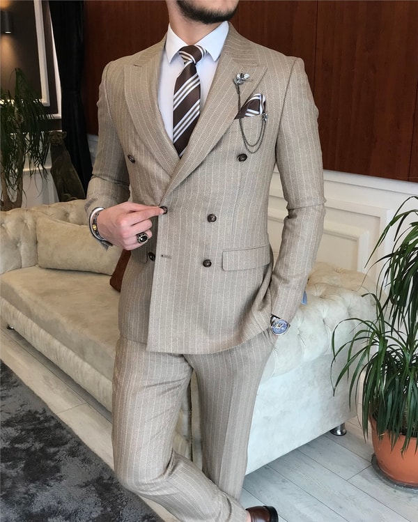 İtalyan stil slim fit kruvaze ceket pantolon takım elbise camel T6488 · 7